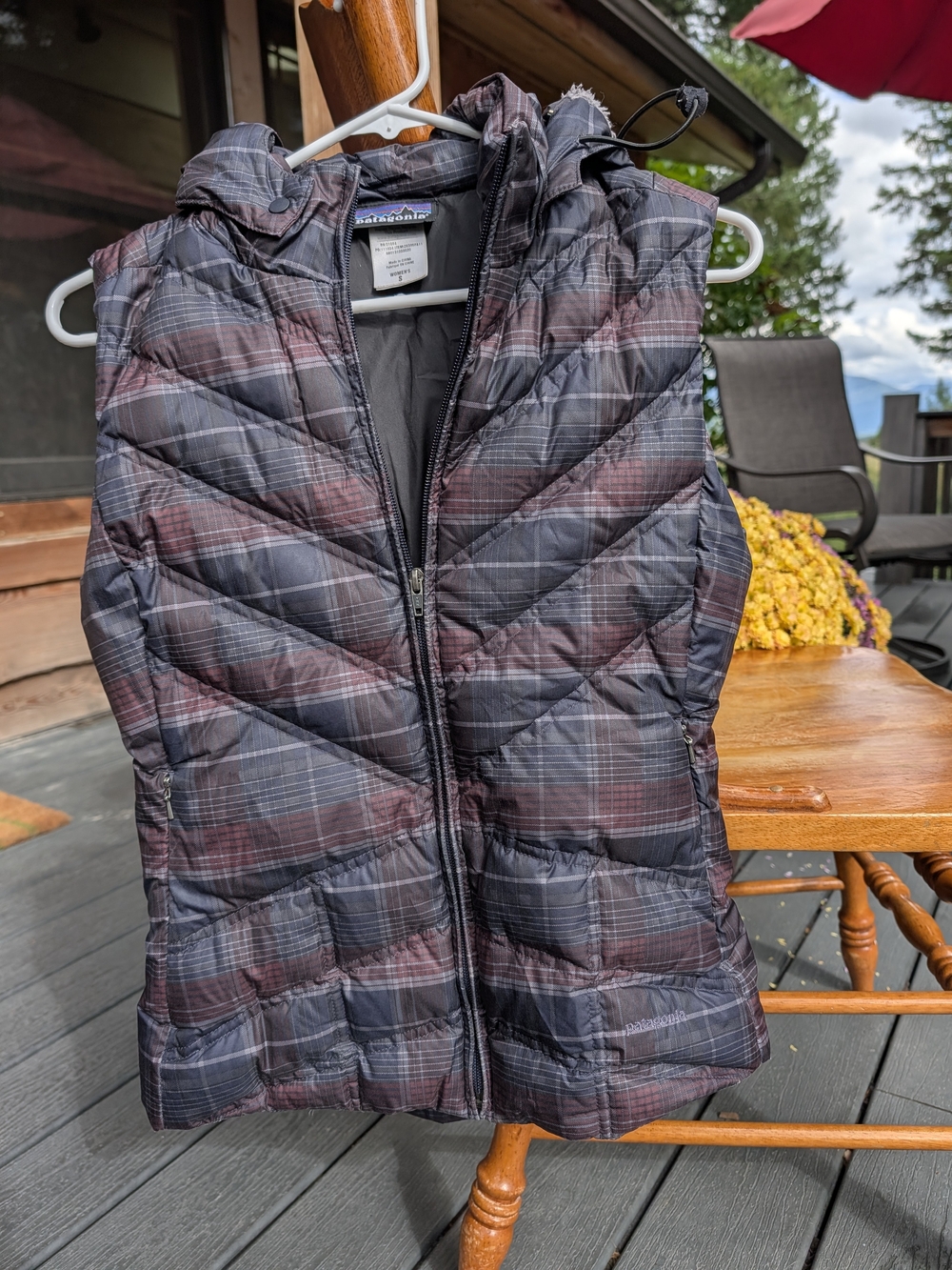 Patagonia Women's Hooded Down Vest - Charcoal & Burgundy Plaid